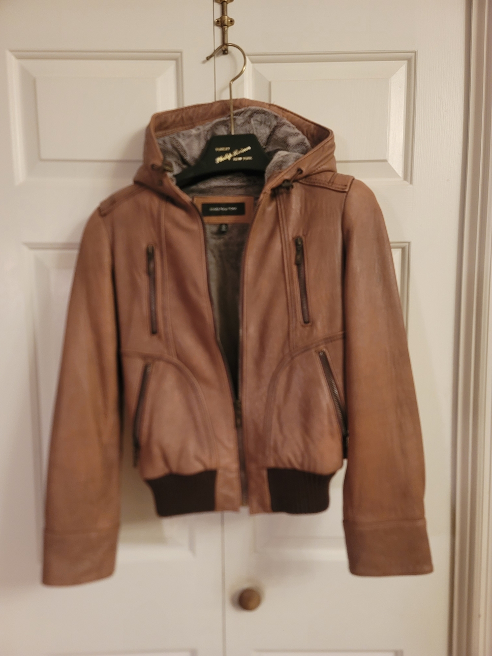 Jones New York Tan Leather Hooded Bomber Jacket